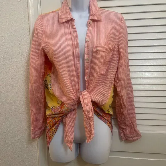 Soft Surroundings Pink Pinstripe Patchwork Back Button-Up XS - Picture 3 of 15